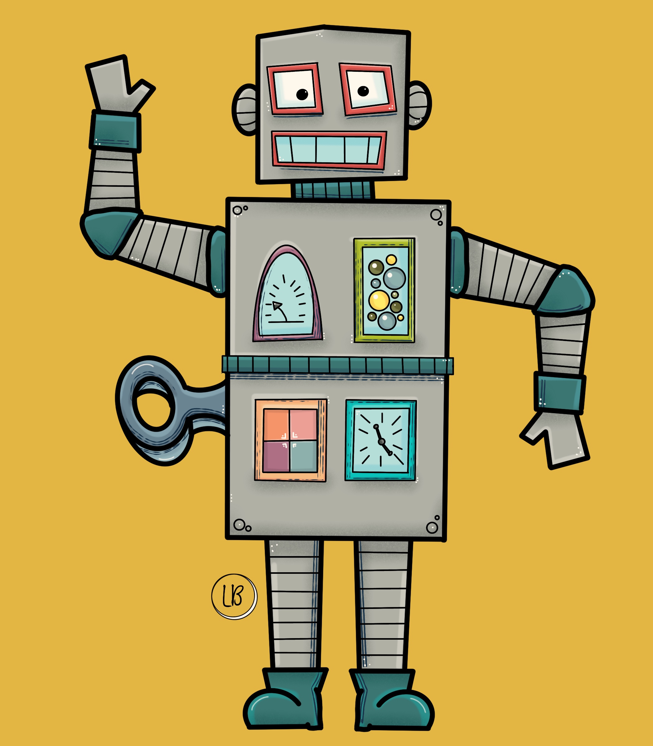 Digital illustration of a square wind up robot.